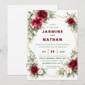 Elegant Burgundy Floral Wedding Invitation Navy  招待状 (正面/裏面)
