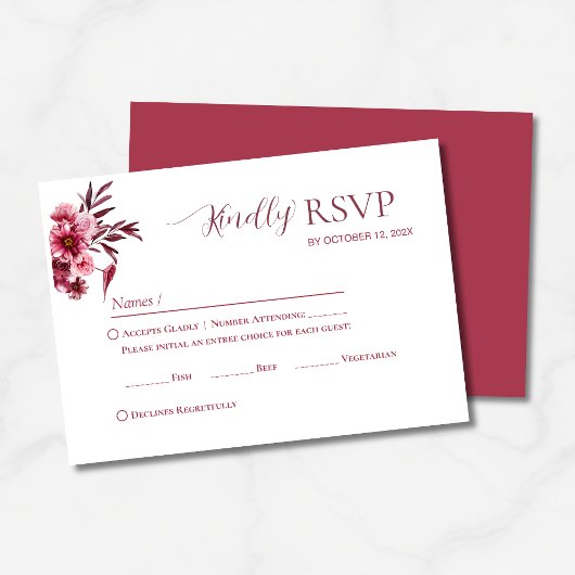 Elegant Burgundy Floral Wedding RSVP Card