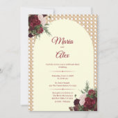 Elegant Burgundy Florals and Rattan Border Wedding 招待状 (正面)