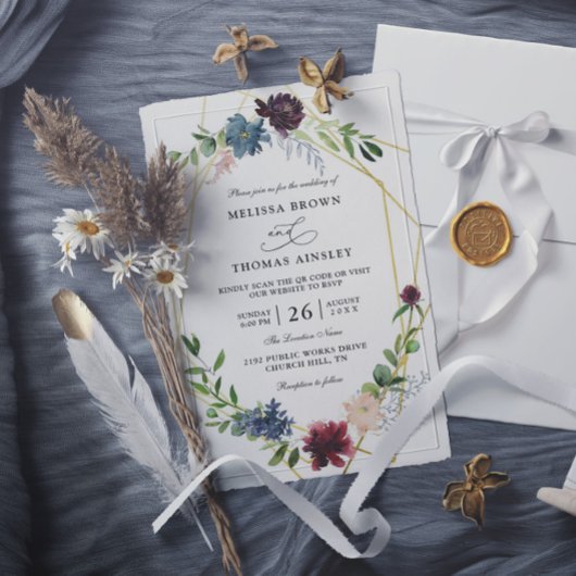 Elegant Burgundy Flowers Budget QR Code Wedding 招待状