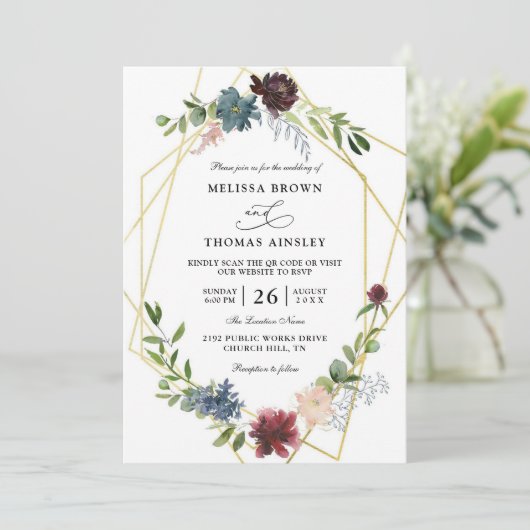 Elegant Burgundy Flowers Budget QR Code Wedding 招待状 (スタンド正面)