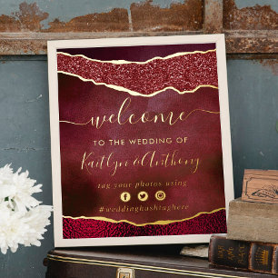 Elegant Burgundy & Gold Agate Wedding Welcome 箔ポスター