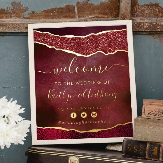 Elegant Burgundy & Gold Agate Wedding Welcome 箔ポスター