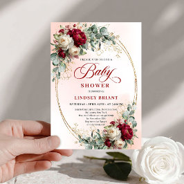 Elegant Burgundy Gold Boho Baby Shower Invitation 招待状