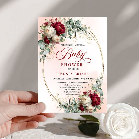 Elegant Burgundy Gold Boho Baby Shower Invitation 招待状