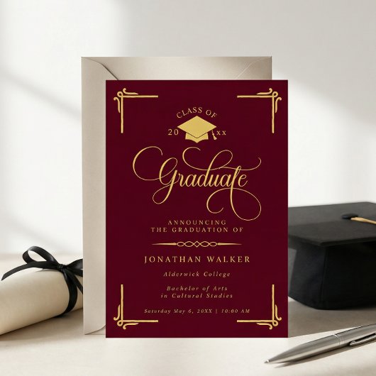 Elegant Burgundy Gold College Graduation 案内状