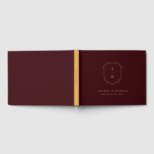 Elegant Burgundy & Gold Crest Monogram Wedding ゲストブック (全面)