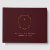 Elegant Burgundy & Gold Crest Monogram Wedding ゲストブック (正面)