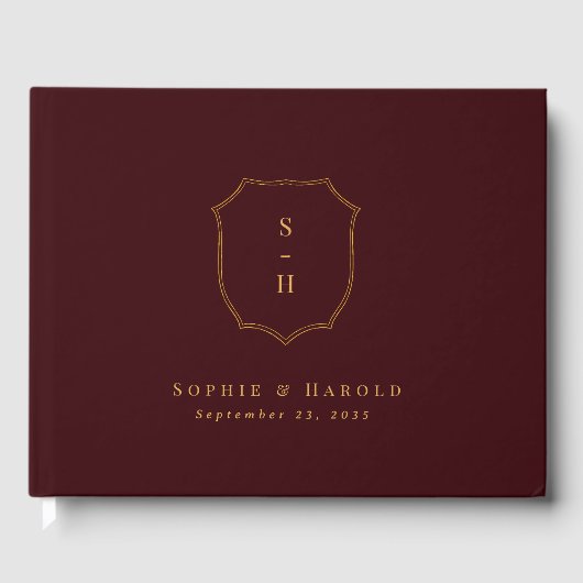 Elegant Burgundy & Gold Crest Monogram Wedding ゲストブック (正面)