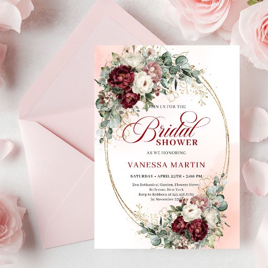 Elegant Burgundy Gold Floral Eucalyptus Shower 招待状