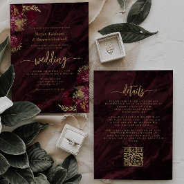 Elegant Burgundy Gold Floral QR Code Wedding 招待状