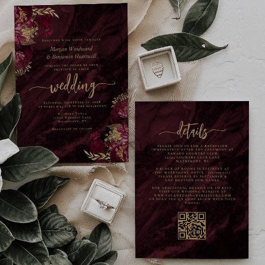 Elegant Burgundy Gold Floral QR Code Wedding 招待状