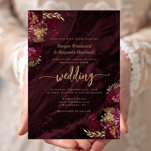 Elegant Burgundy Gold Floral Wedding 招待状