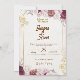 Elegant Burgundy & Gold Floral Wedding Invitation 招待状
