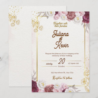 Elegant Burgundy & Gold Floral Wedding Invitation 招待状