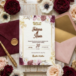 Elegant Burgundy & Gold Floral Wedding Invitation 招待状