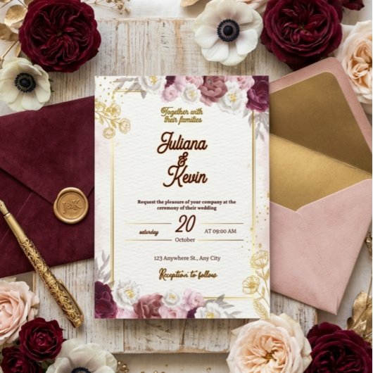 Elegant Burgundy & Gold Floral Wedding Invitation 招待状