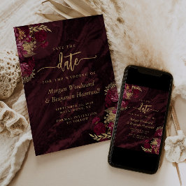 Elegant Burgundy Gold Floral Wedding Save the Date 招待状