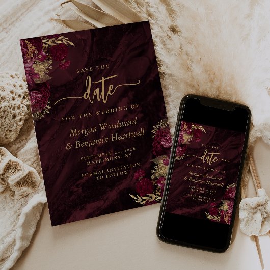 Elegant Burgundy Gold Floral Wedding Save the Date 招待状