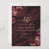 Elegant Burgundy Gold Floral Wedding Save the Date 招待状 (正面)