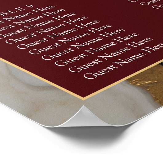 Elegant Burgundy Gold Marble Wedding Seating Chart ポスター (角)