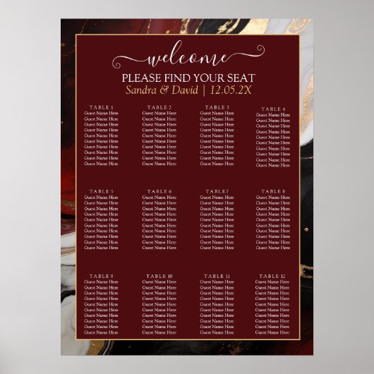 Elegant Burgundy Gold Marble Wedding Seating Chart ポスター (正面)