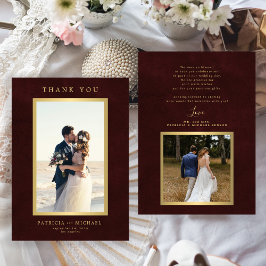 Elegant burgundy gold photo wedding  サンキューカード