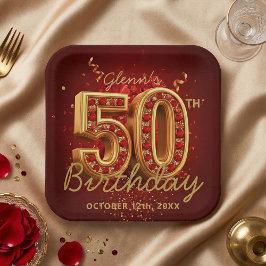 Elegant Burgundy Gold Ruby Gem 50th Birthday Party ペーパープレート