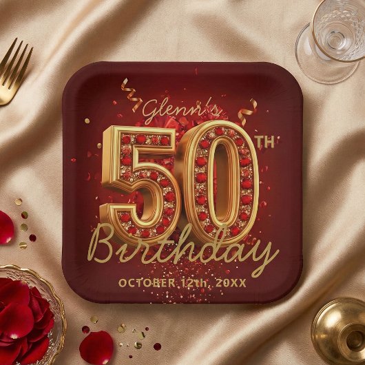 Elegant Burgundy Gold Ruby Gem 50th Birthday Party ペーパープレート