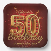 Elegant Burgundy Gold Ruby Gem 50th Birthday Party ペーパープレート (正面)