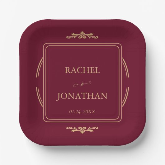 Elegant Burgundy Gold  Wedding Paper Plate ペーパープレート (正面)
