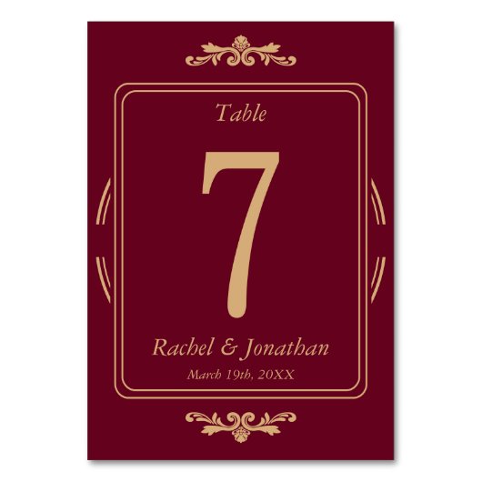 Elegant Burgundy & Gold Wedding Table Number Card テーブルナンバー (正面)
