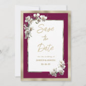 Elegant burgundy gold white orchid Save The Date 招待状 (正面)