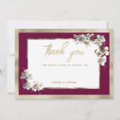 Elegant burgundy gold white orchid Thank You 招待状 (正面)