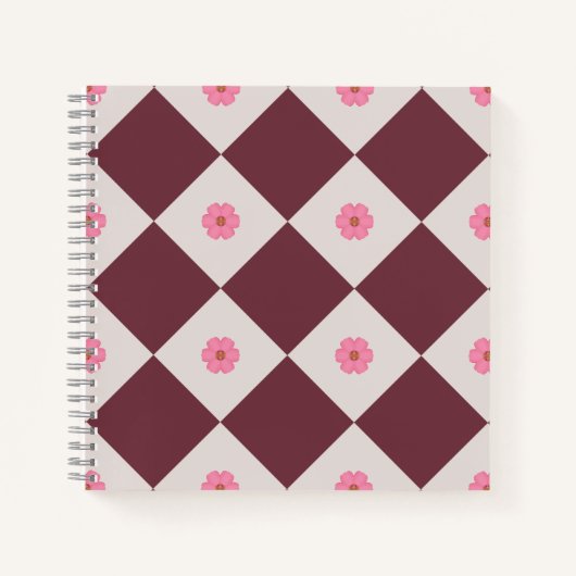 Elegant Burgundy & Grey Floral Diamond Notebook ノートブック (正面)