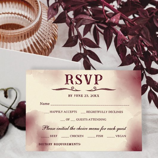 Elegant Burgundy Ivory Minimalist Retro Wedding 出欠カード