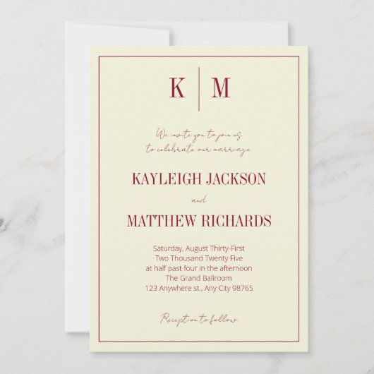Elegant Burgundy Ivory Monogram Wedding 招待状 (正面)