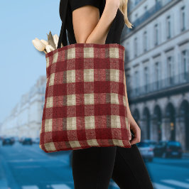 Elegant Burgundy Ivory Rust Red Plaid Pattern トートバッグ