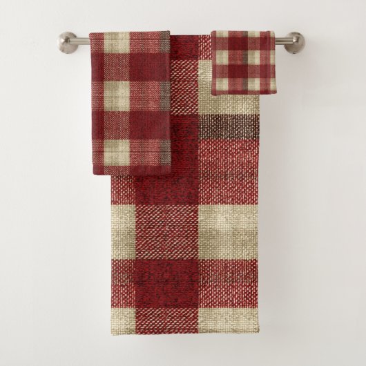 Elegant Burgundy Ivory Rust Red Plaid Pattern バスタオルセット (インサイチュ)
