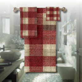 Elegant Burgundy Ivory Rust Red Plaid Pattern バスタオルセット
