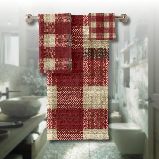 Elegant Burgundy Ivory Rust Red Plaid Pattern バスタオルセット