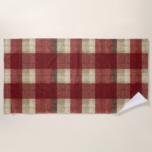 Elegant Burgundy Ivory Rust Red Plaid Pattern ビーチタオル (正面)