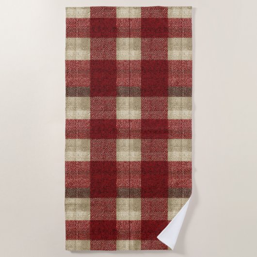 Elegant Burgundy Ivory Rust Red Plaid Pattern ビーチタオル (正面)