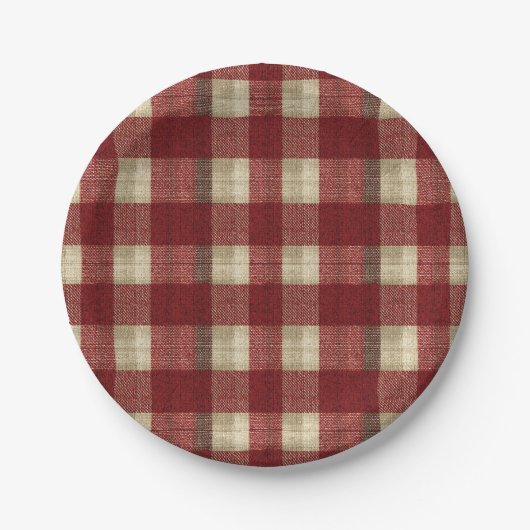 Elegant Burgundy Ivory Rust Red Plaid Pattern ペーパープレート (正面)