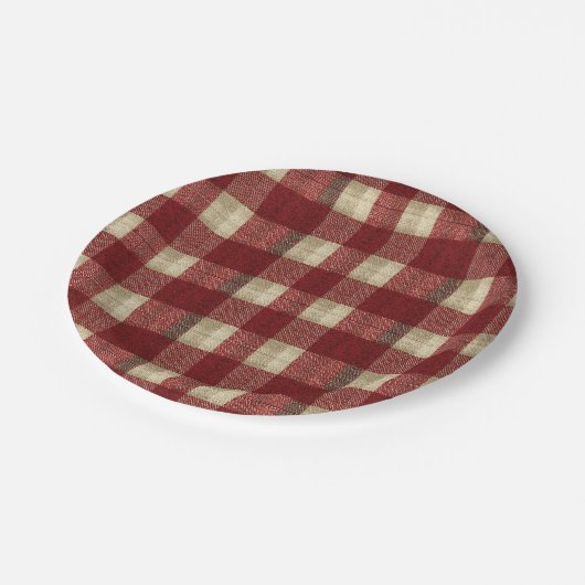 Elegant Burgundy Ivory Rust Red Plaid Pattern ペーパープレート (アングル)
