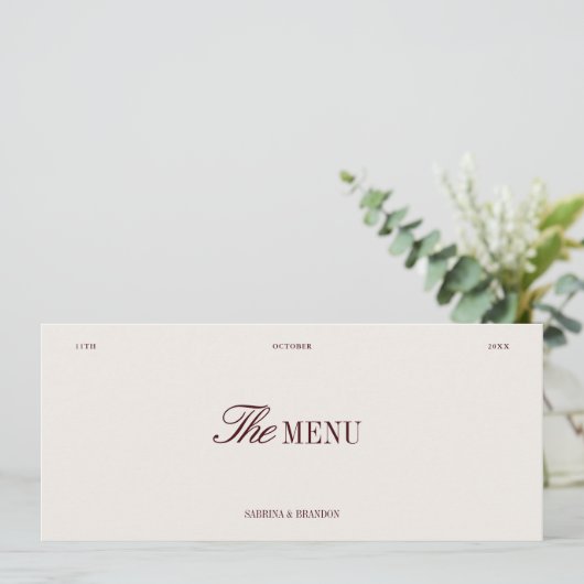 Elegant Burgundy & Ivory Wedding Dinner Menu Card メニュー (スタンド正面)