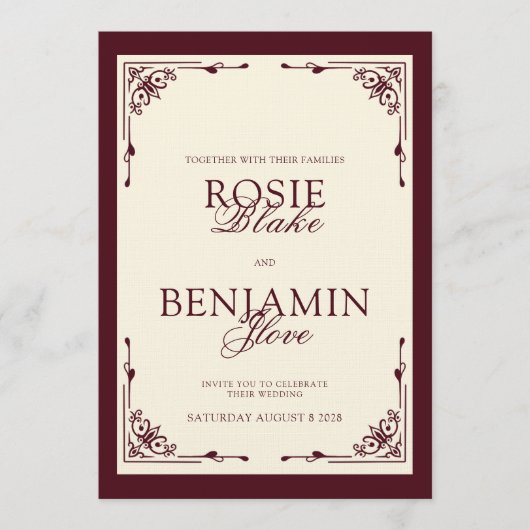 Elegant Burgundy & Ivory Wedding Invitation 招待状 (正面)