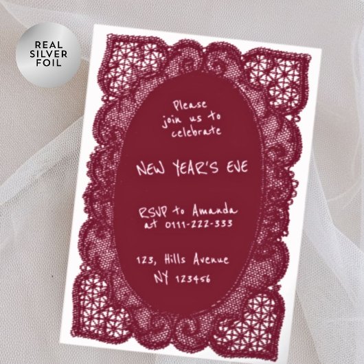 Elegant Burgundy Lace Trendy New Year’s Eve Party 箔招待状