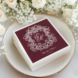 Elegant Burgundy Monogram Crest Script Wedding スタンダードカクテルナプキン