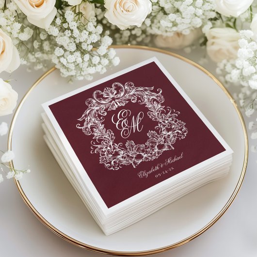 Elegant Burgundy Monogram Crest Script Wedding スタンダードカクテルナプキン